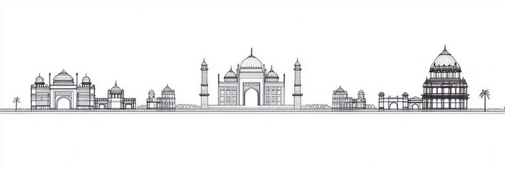 Obraz premium Minimalist Mysuru Skyline Dark Line Art Indian Heritage Buildings White Background