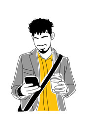 Yong business man using mobile phone, texting, chatting, holding takeaway coffee cup. Casual business character vector outline sketch style drawing isolated on transparent background