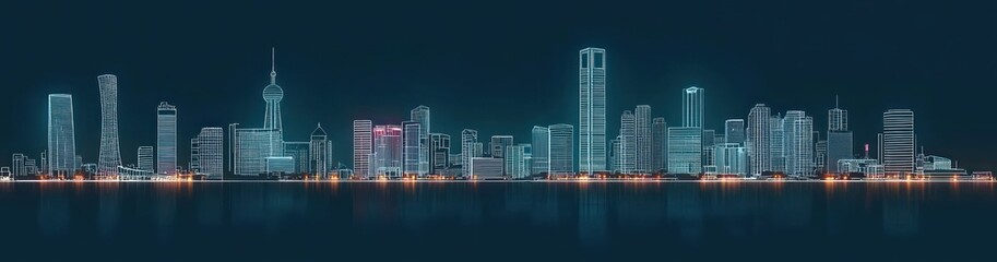 Fototapeta premium Minimalist Asian City Skyline with Neon Line Art on Dark Teal Background