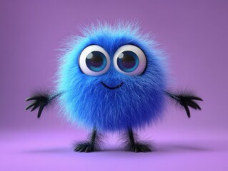 Fototapeta premium Cute blue fluffy cartoon monster with big eyes holding blank sign playful 3D character colorful funny animal cheerful design