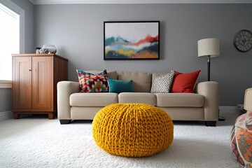 Modern living room with beige sofa, colorful pillows, mustard yellow pouf, and abstract art