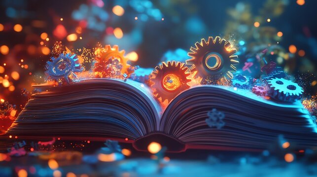 Creative educational advertisement showcasing imagination as a powerful tool, colorful gears and books, glowing light, inspiring young minds, generative AI