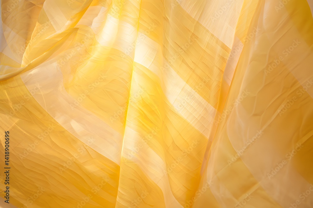 Poster an abstract composition featuring flowing, semi-transparent fabric with a sunny, warm hue. the fabri
