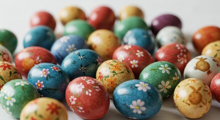 Fototapeta premium Colorful Hand-Painted Easter Eggs with Floral and Bunny Designs