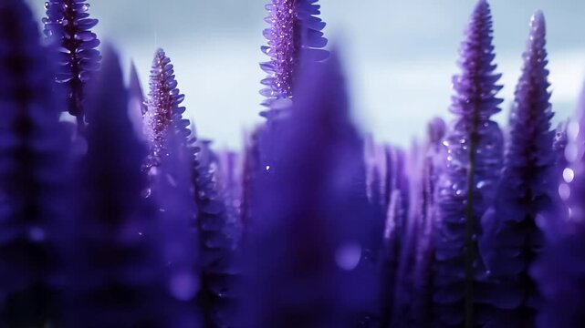 Extreme close-up probe lens video navigates through microscopic gaps, endoscopic micro-lights reveal alien landscapes, pollen towers, dewdrop magnifiers on petal surfaces, wall of violet pansies