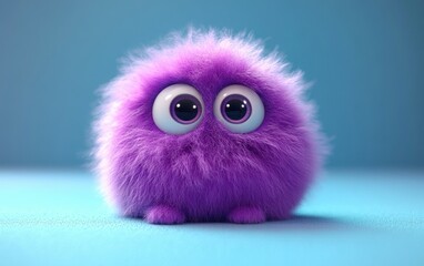 Fototapeta premium 3D cute fluffy purple monster with big eyes cartoon character