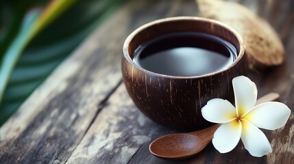 Cup of black tea in coconut wood cup with wooden spoon and frangipani flower on rustic table, representing natural lifestyle, herbal beverage, tropical relaxation, and organic morning routine concept