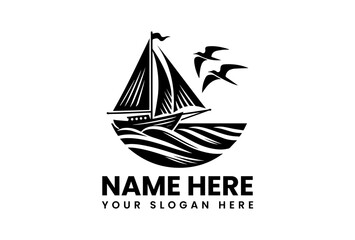 Monochrome Sailboat and Crescent Moon Illustration. Indonesian Maritime Art