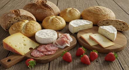 Enjoying a delightful spread of cheese, meats, and bread with fresh strawberries on a rustic wooden table