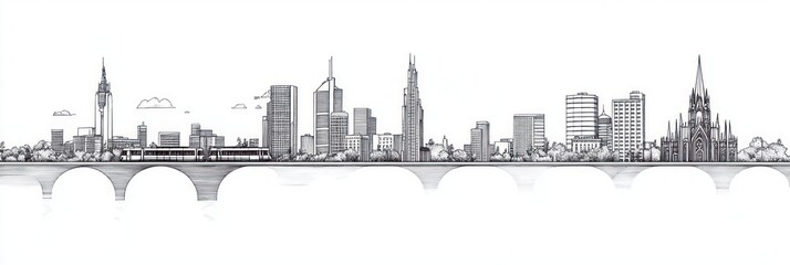 Minimalist New Orleans City Skyline Line Art Black and White Tram Bridge Gothic Cathedral Modern Buildings Symmetrical Layout Architectural Blueprint Style