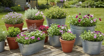 Colorful Potted Flowers on Wooden Deck