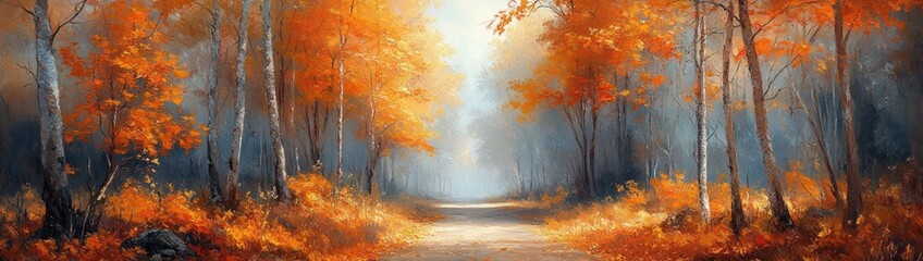 Fototapeta premium autumn forest road with vibrant yellow and orange leaves serene nature landscape
