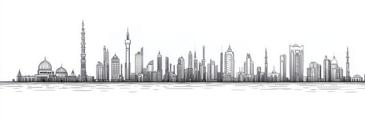 Naklejka premium Minimalist Middle Eastern City Skyline Line Art Black Ink White Background