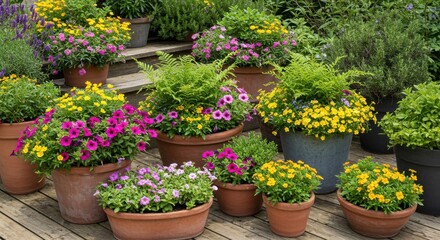 Colorful Potted Flowers on Wooden Steps