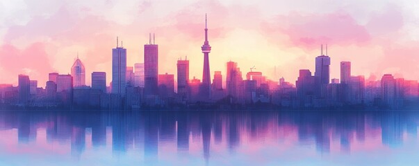 Fototapeta premium Ottawa City Skyline Minimalistic Pastel Gradient Landmarks Urban Silhouette Travel Banner