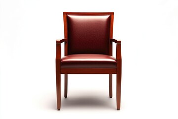 A classic burgundy leather armchair with wooden arms and legs, isolated on a white background.