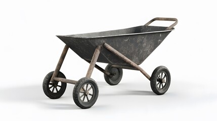 Dirty wheelbarrow with white background.