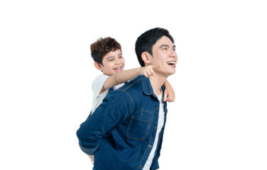 portrait of asian father and son posing on background