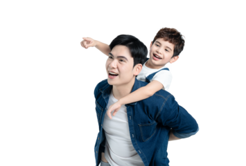 portrait of asian father and son posing on background