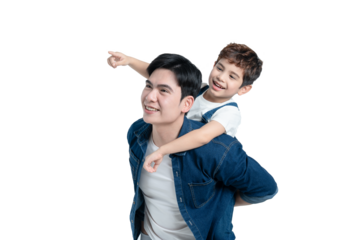 portrait of asian father and son posing on background