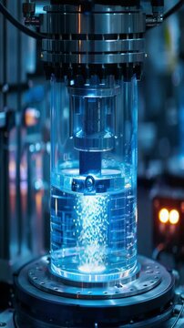 This image showcases a cutting-edge laboratory with advanced technology facilitating scientific research. Bright lights illuminate various machinery, highlighting a glass container with a liquid.