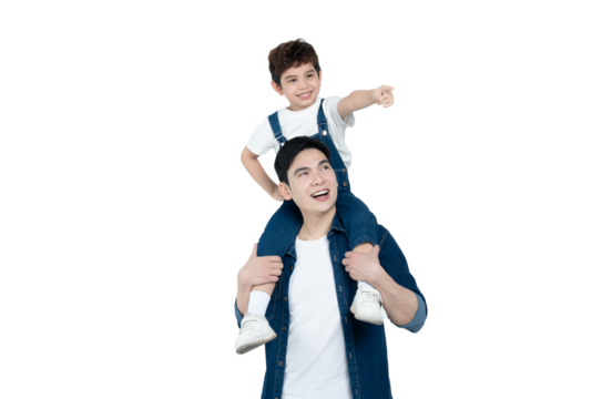 portrait of asian father and son posing on background
