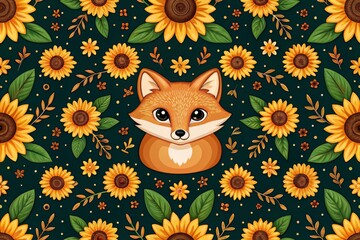 A cheerful, whimsical pattern featuring a cartoon fox's face nestled amidst a repeating design of sunflowers, small flowers, and foliage.