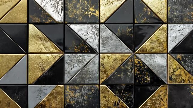 Geometric gold, silver, and black triangular tile wall pattern