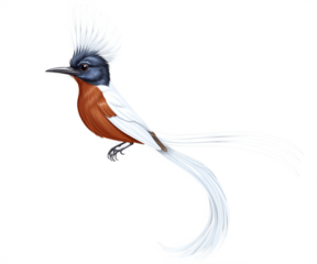 Exquisite illustration featuring an Asian paradise flycatcher perched gracefully with its elongated tail feathers adding to the bird's stunning presence and detail