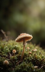 Fototapeta premium Stunning Macro Photograph of a Tiny Mushroom on Damp Forest Floor, Surrounded by Moss and Miniature Fungi, Perfect for Nature Photography, Environmental Campaigns, and Botanical Education