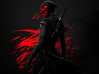 A lone warrior, cloaked in shadows and wielding a crimson-hilted blade, stands defiant against a backdrop of fierce red brushstrokes.