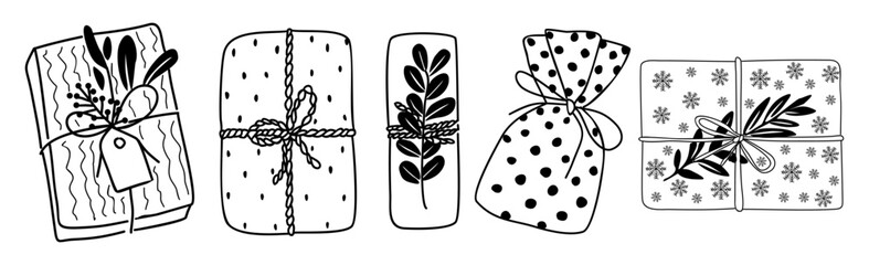 Set of different gift boxes in festive wrapping paper top view. Christmas Present with ribbon bow, winter greenery decorations. Hand drawn sketch vector illustration isolated on white background