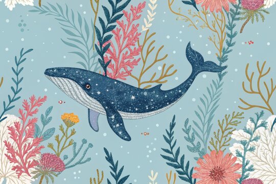 A beautiful, seamless pattern featuring a friendly whale surrounded by vibrant coral, lush underwater plants, and delicate flowers.