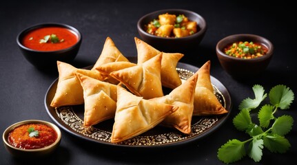 Golden crispy samosas garnished with fresh herbs and spices are served with a vibrant red dipping sauce on a dark clay plate