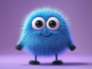 Fototapeta premium cute blue cartoon monster with big eyes holding blank sign 3d fluffy funny playful character
