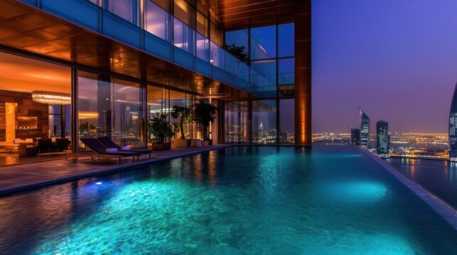 Rooftop infinity pool penthouse at twilight, city view