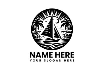 Monochrome Sailboat and Crescent Moon Illustration. Indonesian Maritime Art