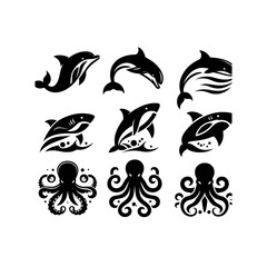 Fototapeta premium Silhouette vector logo set of ocean animals including dolphin, whale, shark, sea turtle, and octopus in black on white background, clean modern icon design 