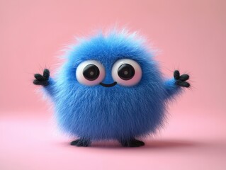Fototapeta premium cute blue fluffy monster with big eyes holding blank sign colorful cartoon character playful arms pink background