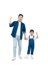 Full body image of Asian father and son walking and posing on white background