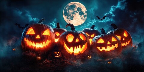 Glowing carved pumpkins with burning candles under full moon night sky Halloween scene
