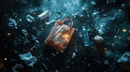 Plastic pollution, littered debris, dark scene