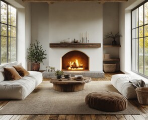 Fototapeta premium Minimalist Scandinavian living room with modern fireplace and cozy natural light