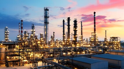 Fototapeta premium Majestic Industrial Oil Refinery at Dusk with Glowing Distillation Columns and Skyline Landscape Towering steel structures pipes