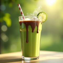 generative ai, A glass of thick and smooth avocado juice served cold, with a tempting soft green color. On top, sweet chocolate sauce flows slowly, forming an appetizing pattern. Ice cubes that are st
