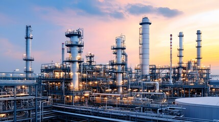 Obraz premium Majestic aerial view of a modern petroleum processing plant nestled in a vast industrial landscape