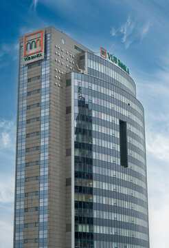 Bratislava, Slovakia - April, 15, 2025 : Sign of VUB bank on the building.  VUB is a part of Intesa Sanpaolo group. Vseobecna uverova banka logo.