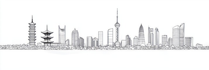 Minimalist City Skyline with Asian Pagodas Modern Skyscrapers European Cathedrals Black Ink Line Art Symmetrical White Background