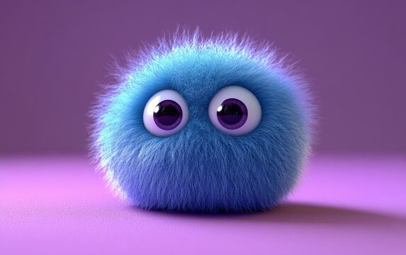 cute furry blue ball with big cartoon eyes 3d monster character