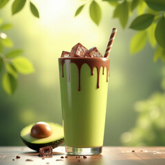 generative ai, A glass of thick and smooth avocado juice served cold, with a tempting soft green color. On top, sweet chocolate sauce flows slowly, forming an appetizing pattern. Ice cubes that are st